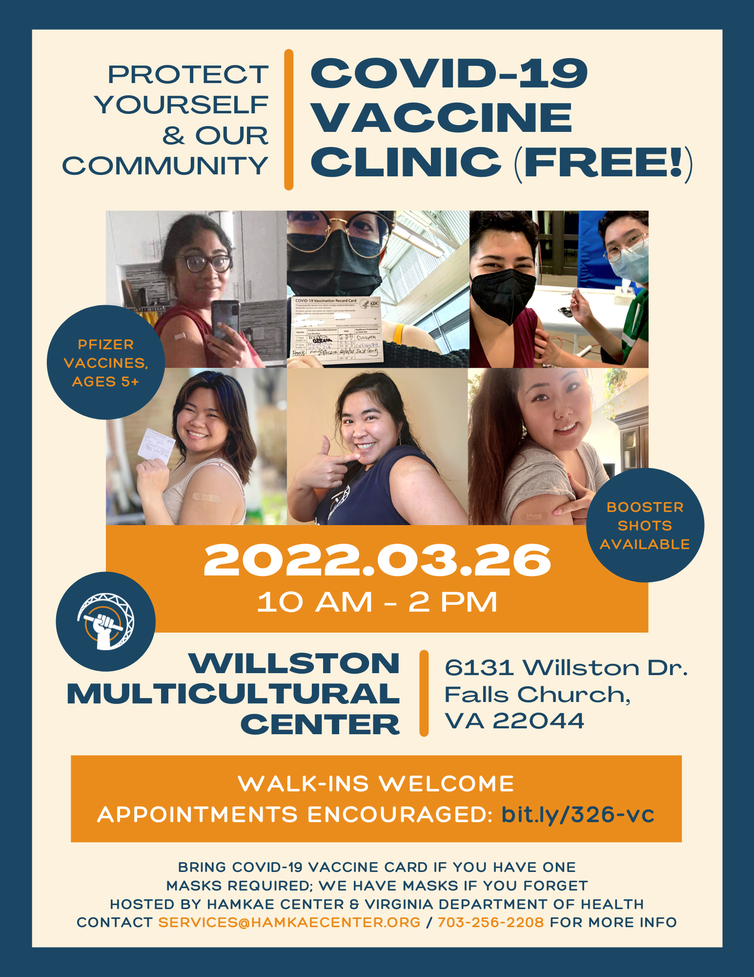 Hamkae Center's free COVID-19 Vaccine Clinic on March 26, 2022 from 10am-2pm at Willston Multicultural Center (Falls Church, VA)