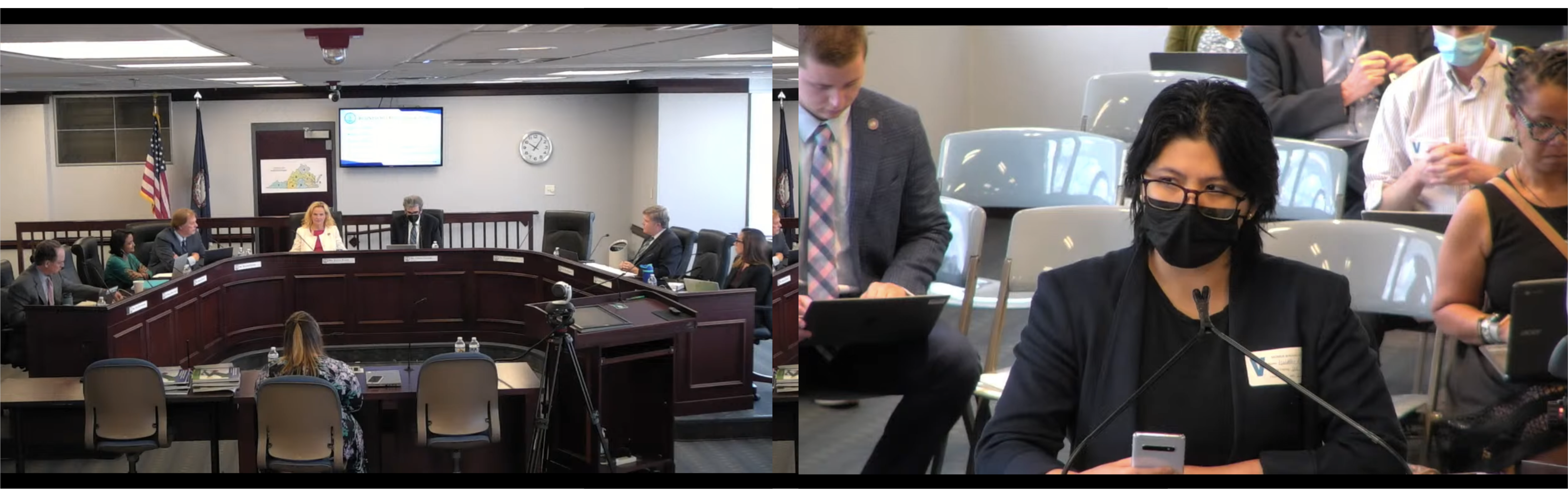 Policy and Communications Team Lead Zowee Aquino (right) gives public comment about the revised History SOLs to the Virginia Board of Education (VBOE) members and Virginia Superintendent during August 17th Board Meeting. Images provided from the Virginia DOE livestream.