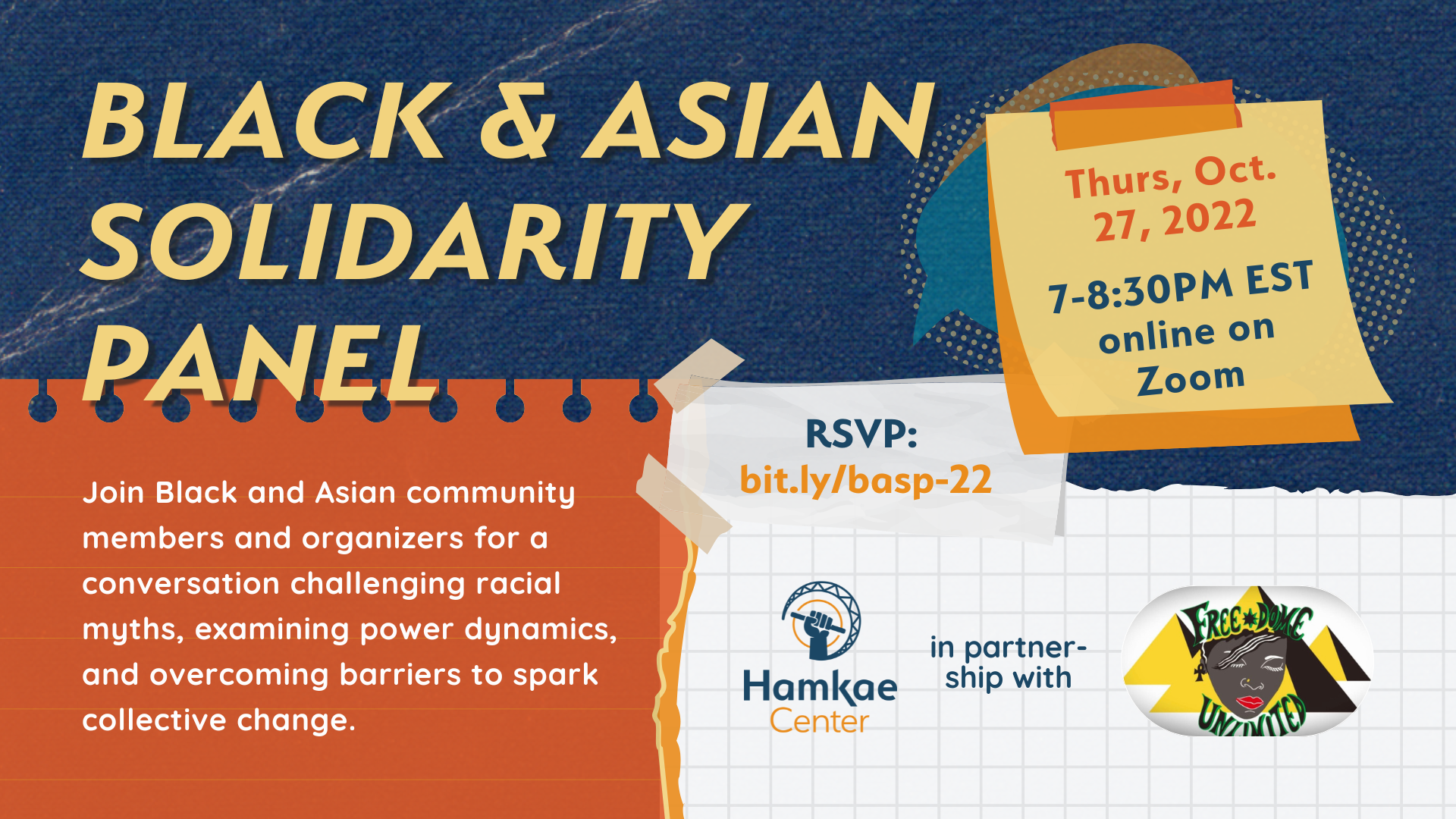 Flyer advertising Hamkae Center and Free*Dome Unlimited's Black & Asian Solidarity Panel on 27 Oct. 2022 at 7-8:30pm EST.