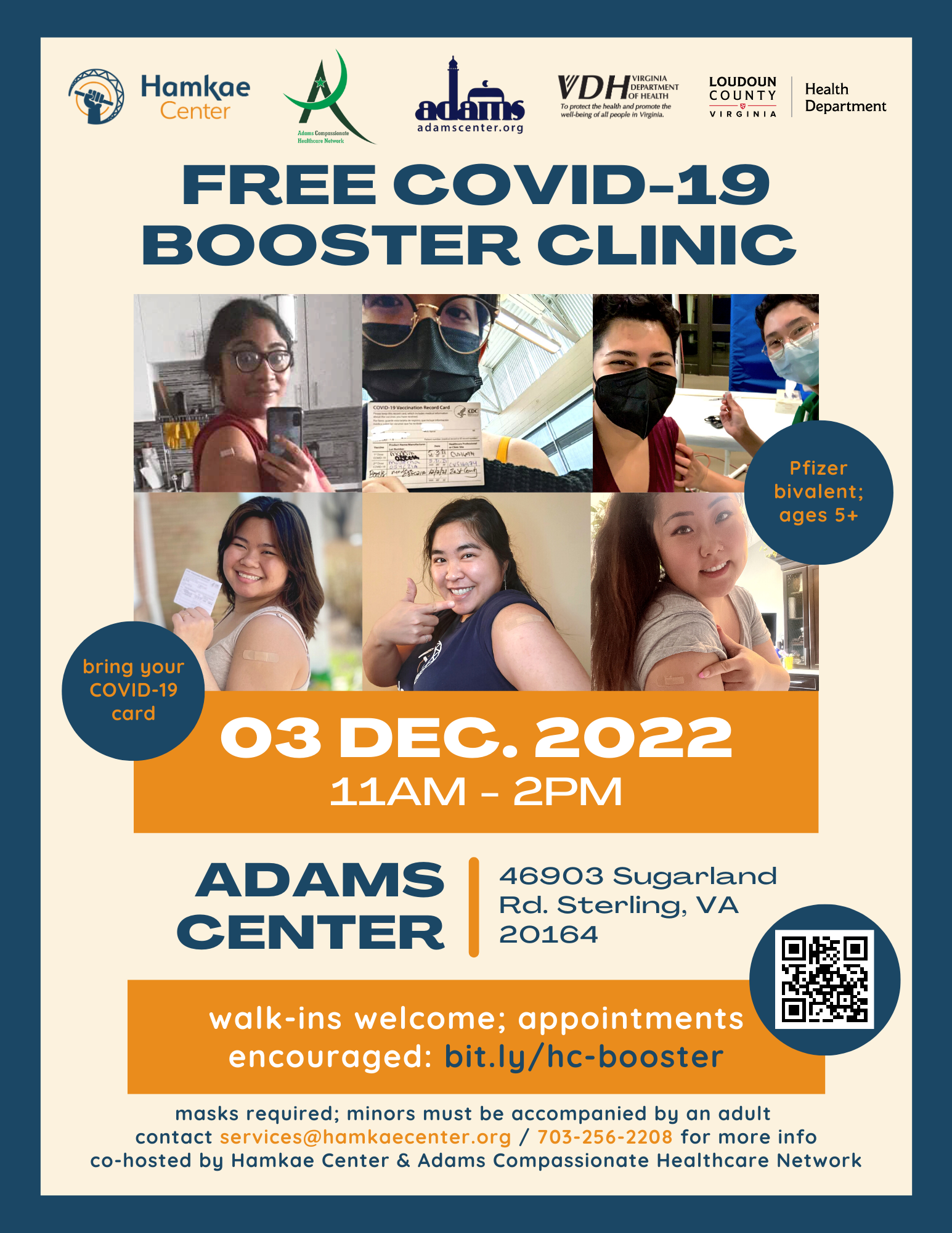 Hamkae Center & ADAMS Center's free COVID-19 Booster Clinic on December 2, 2022 from 11am-2pm at Adams Center (Sterling, VA)